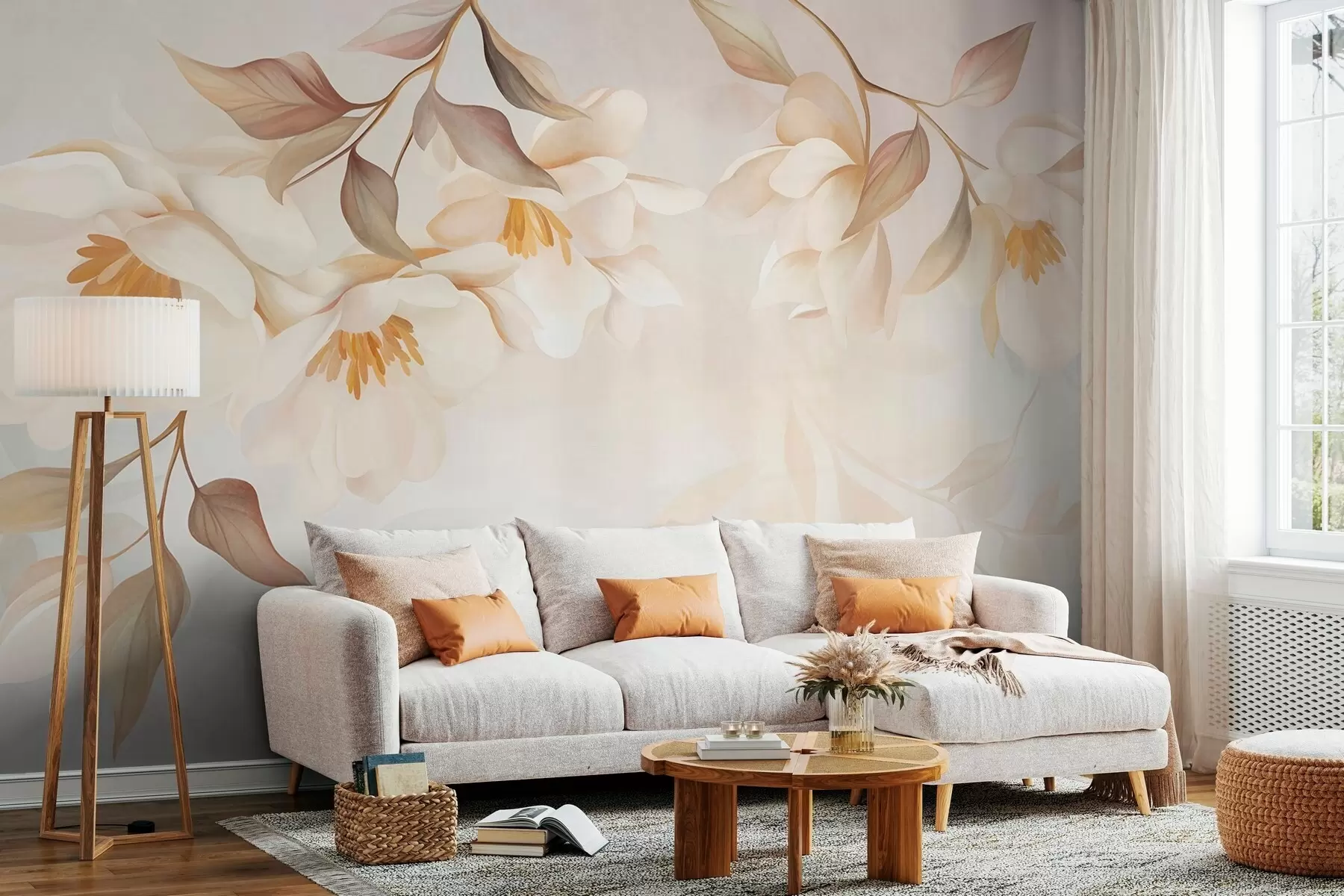 Fototapeedid Magnolia õitseb, oksadelt rippuvad õrnad pruunid lehed w10086