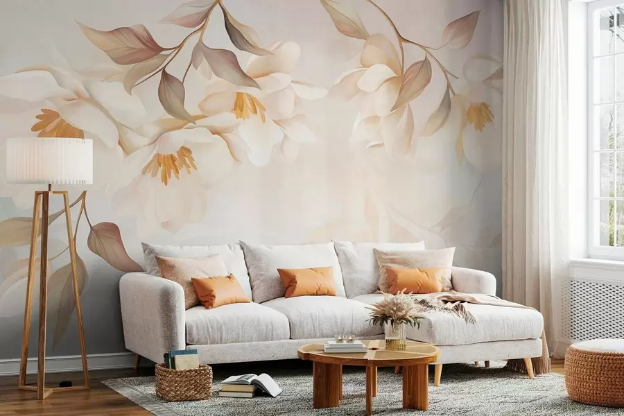 Fototapeedid Magnolia õitseb, oksadelt rippuvad õrnad pruunid lehed w10086