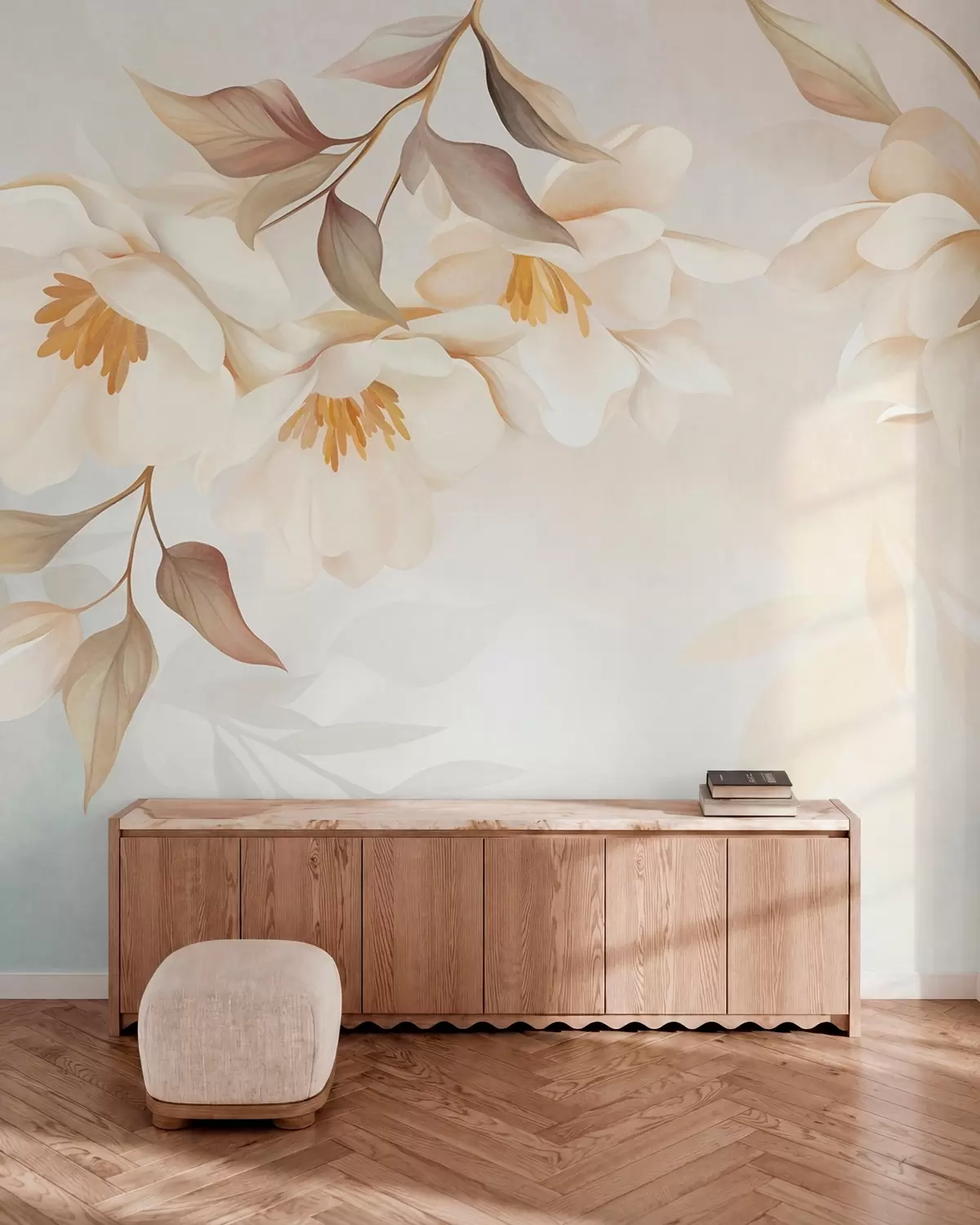 Fototapeedid Magnolia õitseb, oksadelt rippuvad õrnad pruunid lehed w10086
