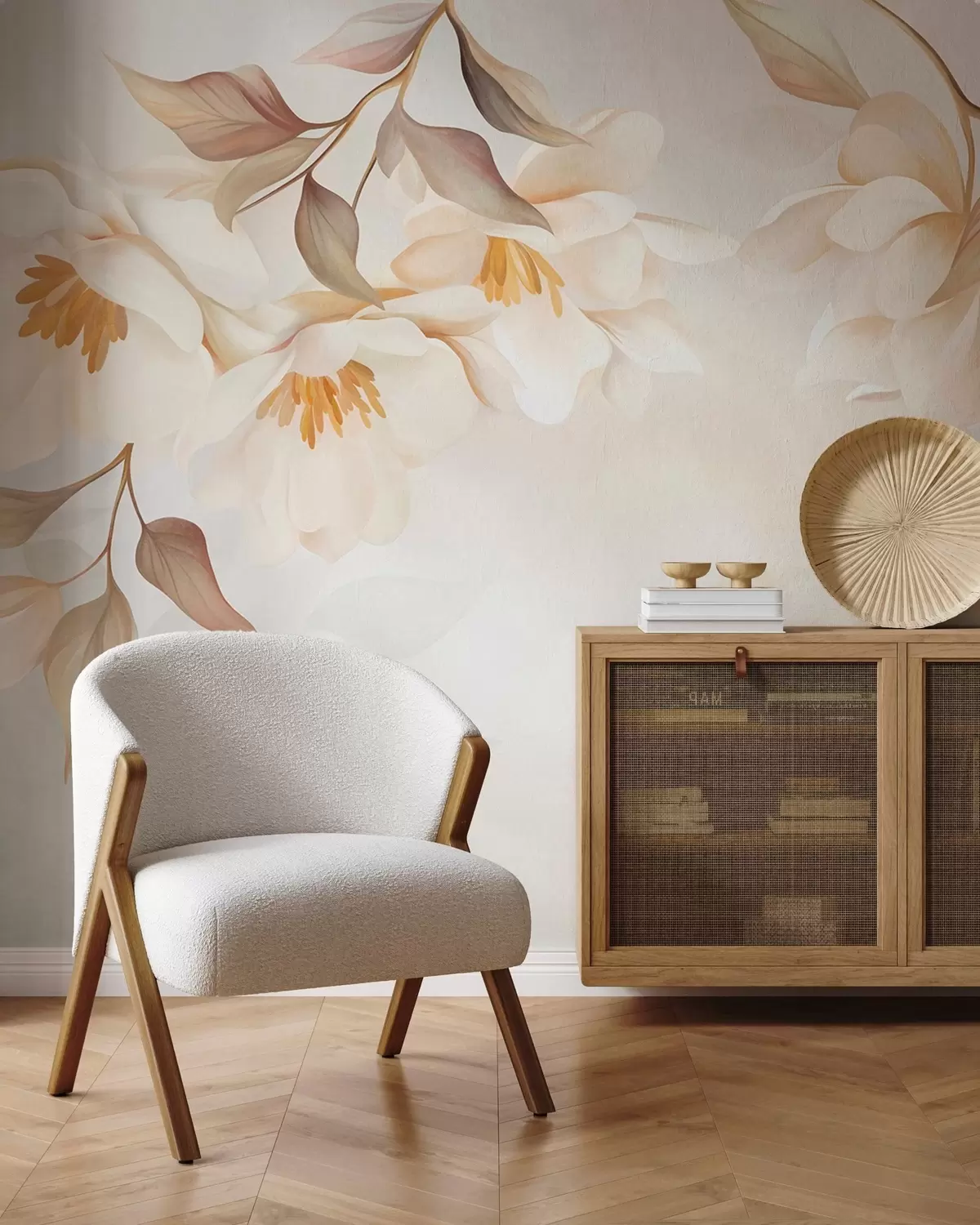 Fototapeedid Magnolia õitseb, oksadelt rippuvad õrnad pruunid lehed w10086