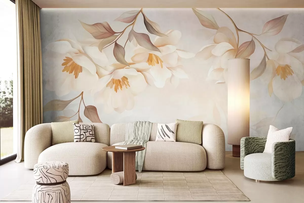 Fototapeedid Magnolia õitseb, oksadelt rippuvad õrnad pruunid lehed w10086