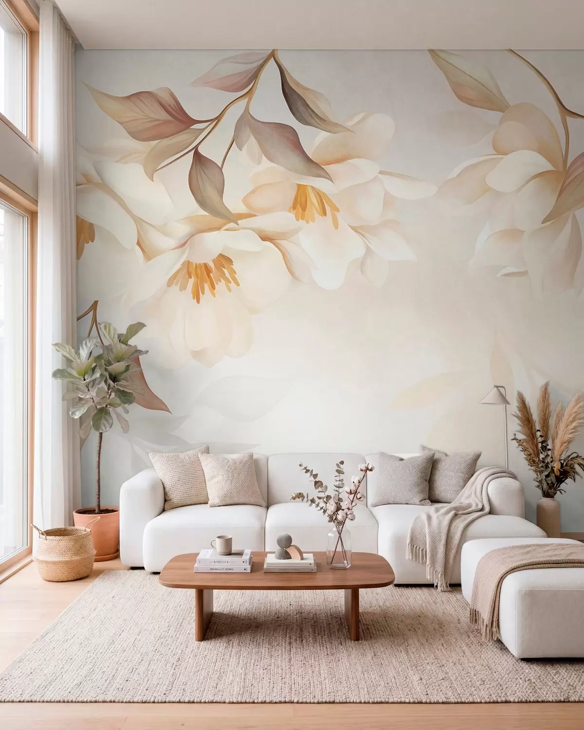 Fototapeedid Magnolia õitseb, oksadelt rippuvad õrnad pruunid lehed w10086