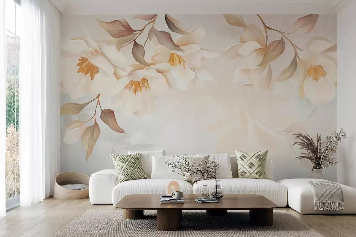Fototapeedid Magnolia õitseb, oksadelt rippuvad õrnad pruunid lehed w10086