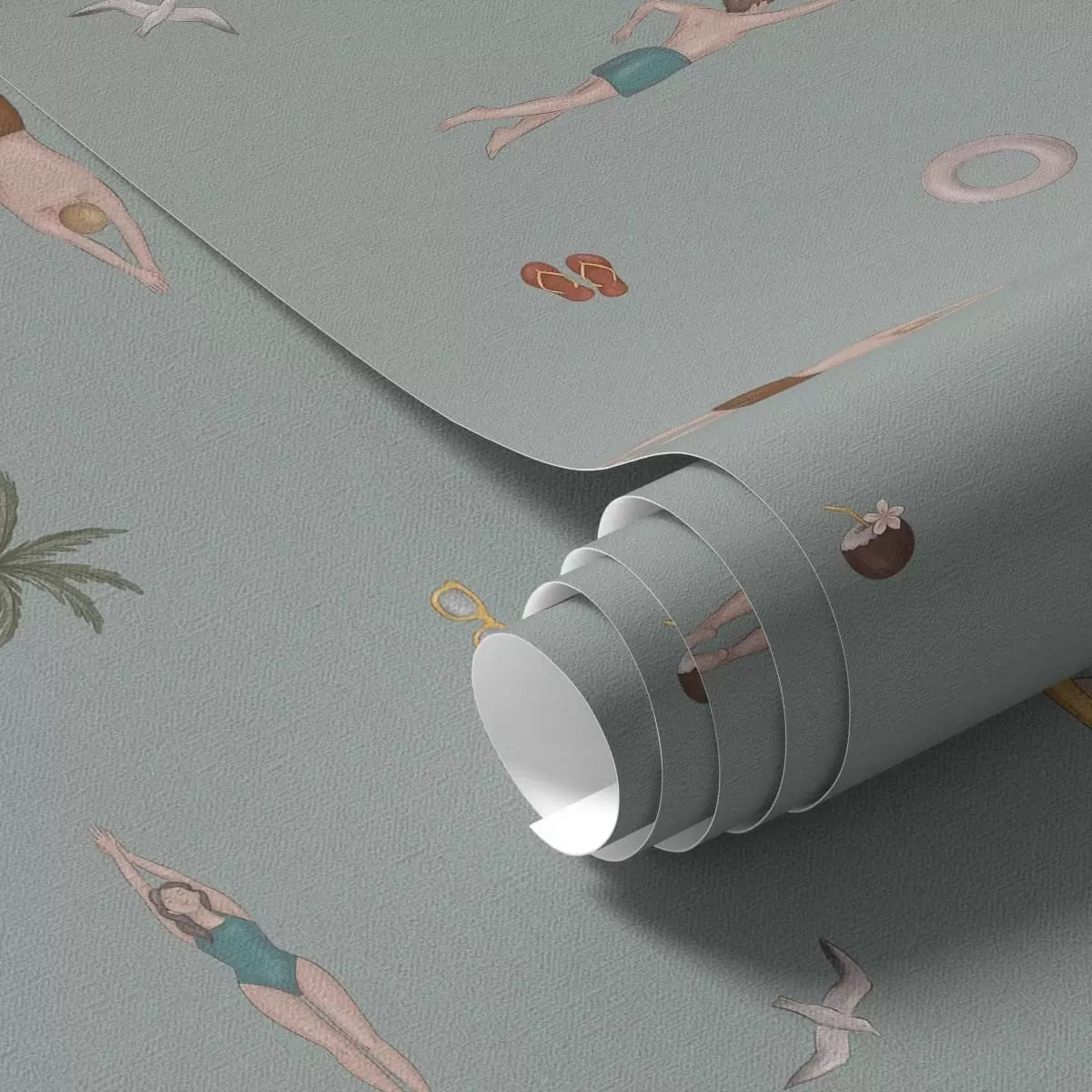 Tapeet Ujujaid, palme ja rannatarvikuid salvei-rohelisel taustal a01276v1