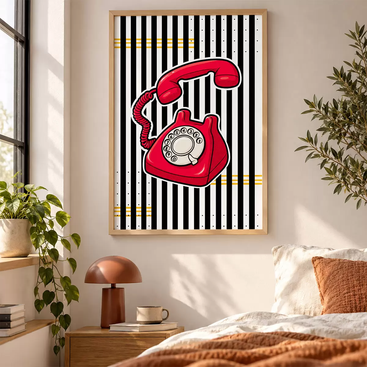 Plakat Retro-stiilis punane telefon julgetel triipudel f50784