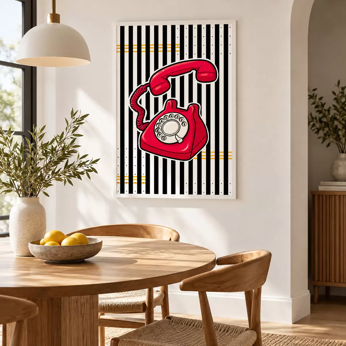 Plakat Retro-stiilis punane telefon julgetel triipudel f50784