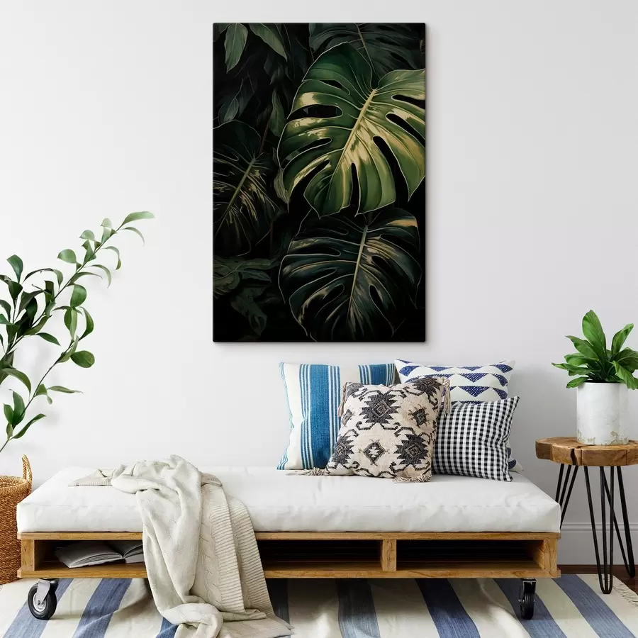 Fototapeedid Läikivad monstera lehed pimedates troopikates s51091