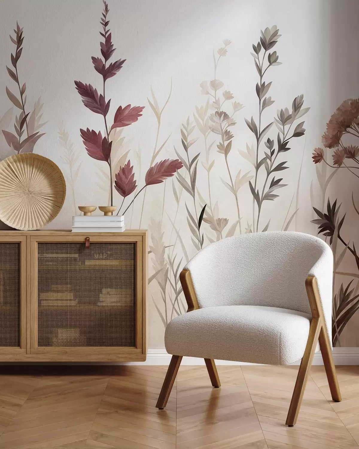 Fototapeedid Kõrged looduslikud rohttaimed ja looduslilled vaoshoitud maatoonides, minimalistlik esteetika w10084