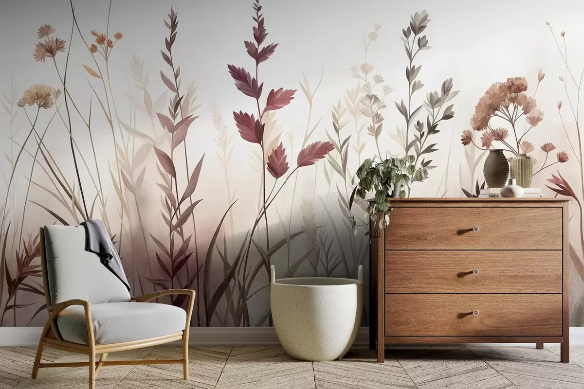 Fototapeedid Kõrged looduslikud rohttaimed ja looduslilled vaoshoitud maatoonides, minimalistlik esteetika w10084