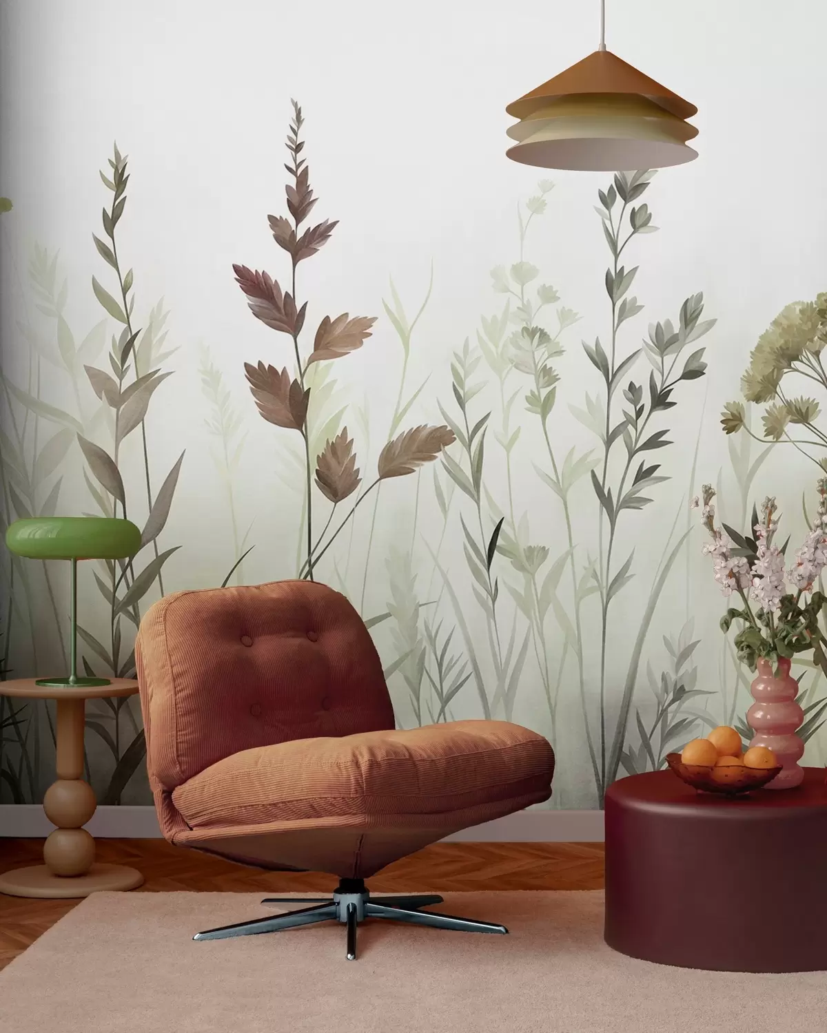 Fototapeedid Kõrged looduslikud rohttaimed ja looduslilled vaoshoitud rohelistes toonides, minimalistlik esteetika w10084v1