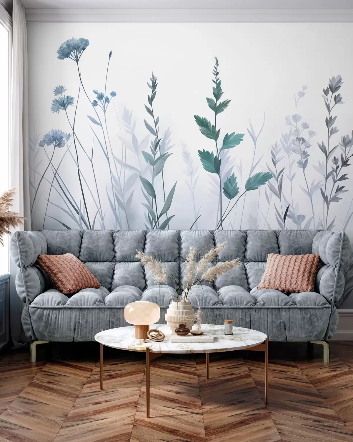 Fototapeedid Kõrged looduslikud rohttaimed ja looduslilled vaoshoitud sinistes toonides, minimalistlik esteetika w10084v2