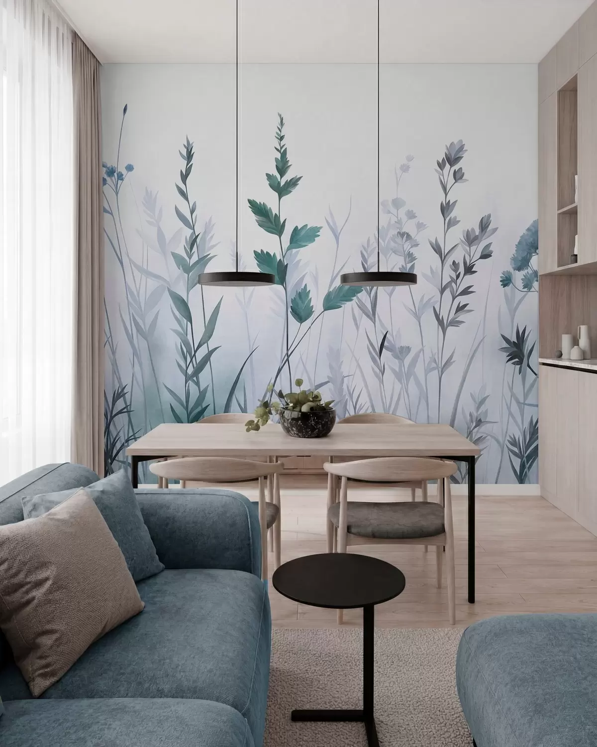 Fototapeedid Kõrged looduslikud rohttaimed ja looduslilled vaoshoitud sinistes toonides, minimalistlik esteetika w10084v2