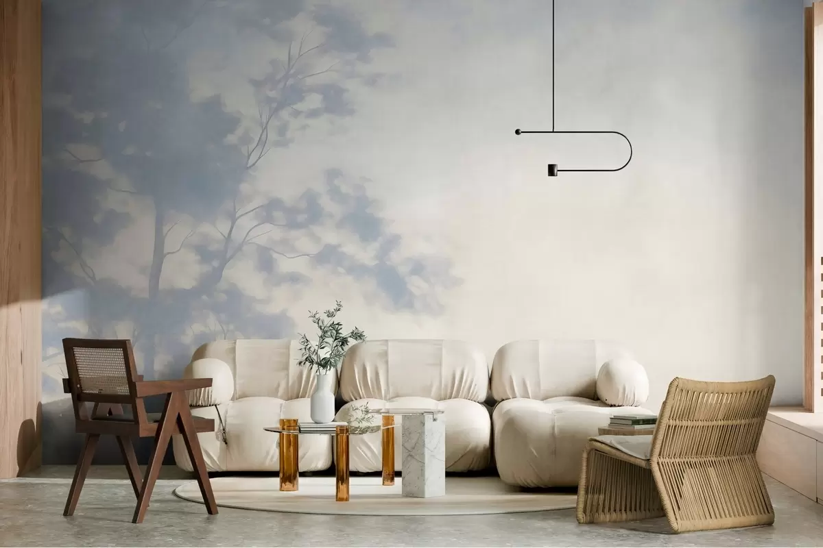 Fototapeedid Tekstuuriga puu okstega, kahvatukreemikas ja helesinine taust, minimalistlik kunst w10108