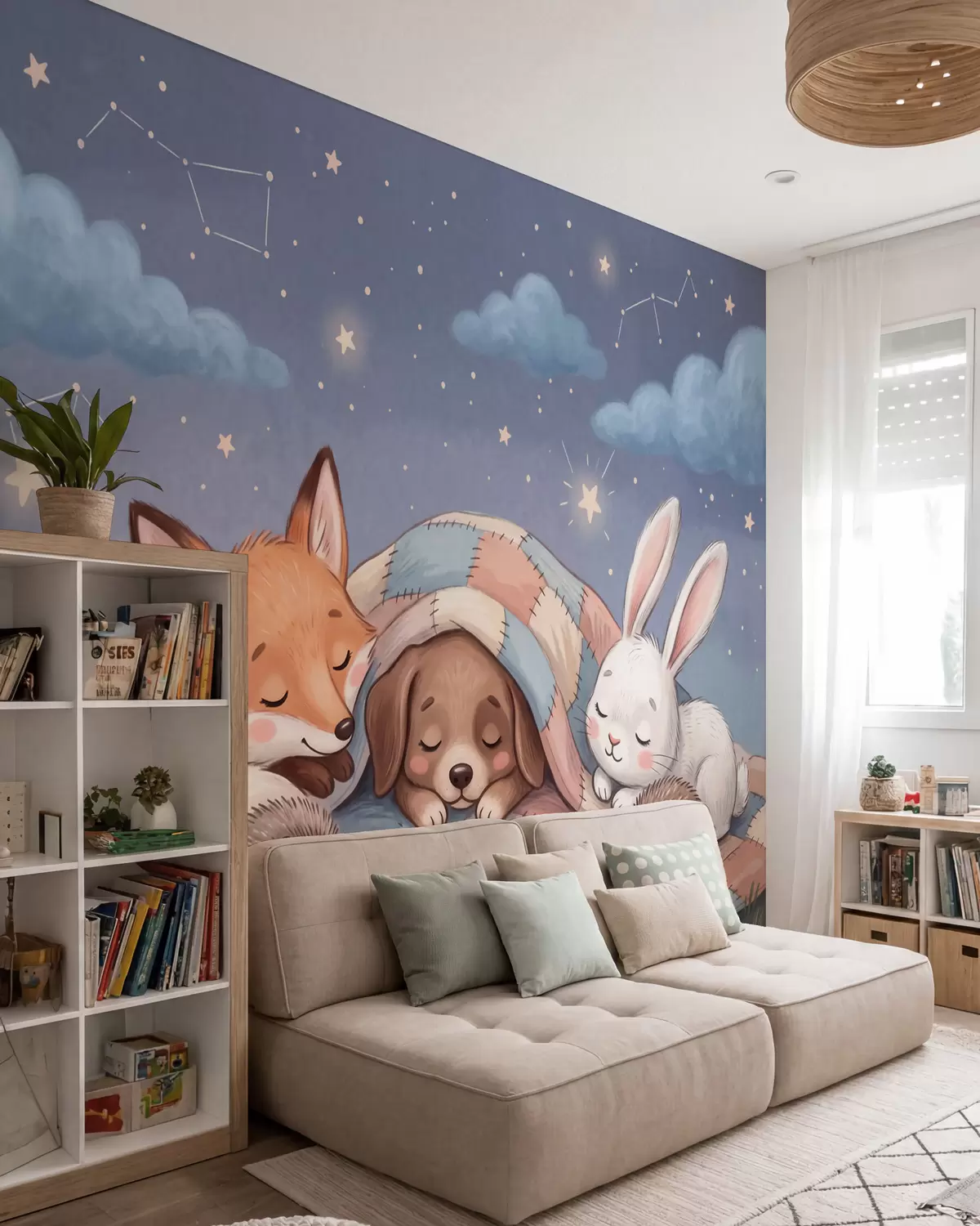 Fototapeedid Võluv akvarellillustratsioon, millel on kujutatud veidrad metsaelukad, kes magavad tähtede all mõnusal lapitekkil w10098