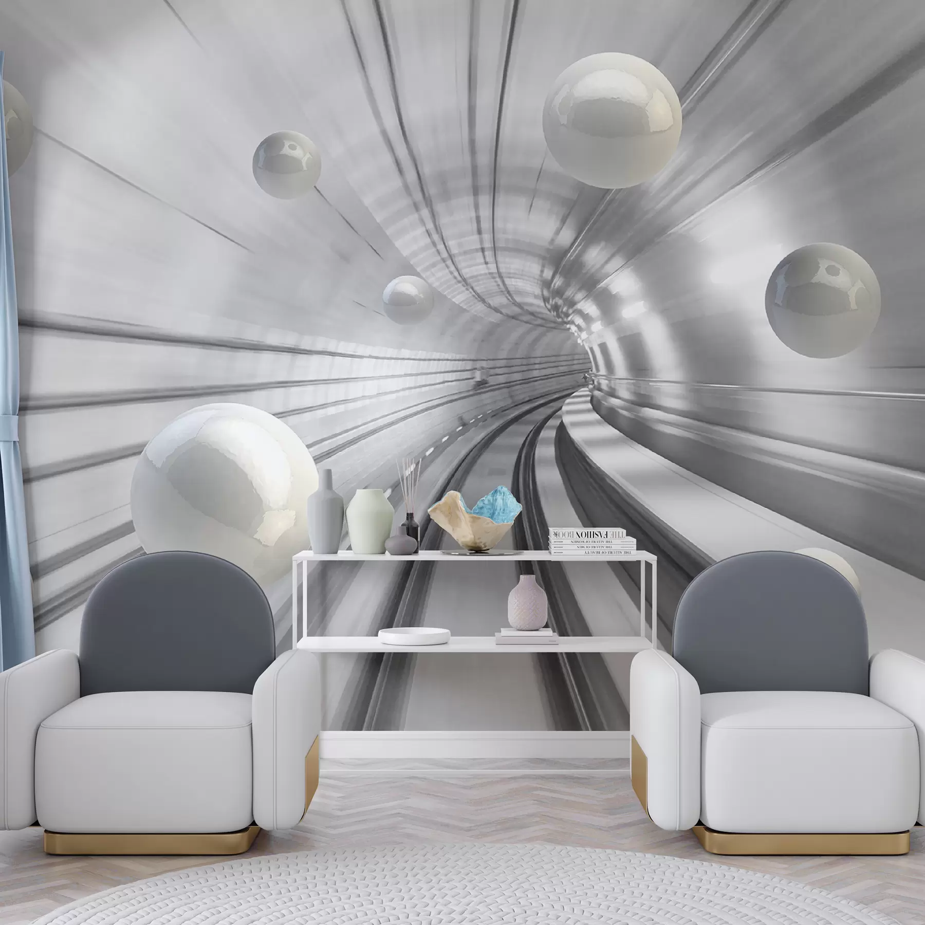 Fototapeedid Läikivate sfääridega tunnel u17532