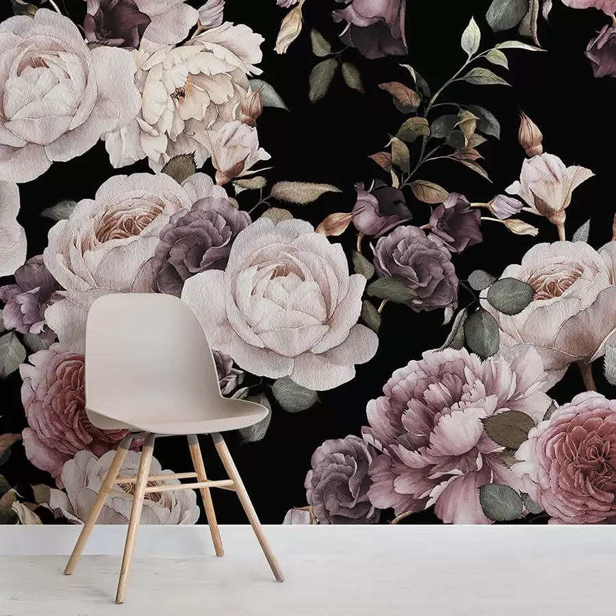 Fototapeedid Rose tapeet vintage - lilled lillad ja roosad toonid - ideaalne voodisse ja elutuppa u93612