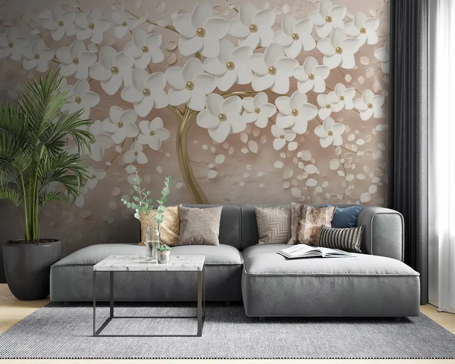 Fototapeedid Suurte roosade toonidega õitega õitseb puu u37065v3