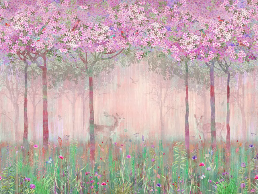 Fototapeedid Pikkade tüvedega õitsvad puud, hirved puude vahel u62100v3