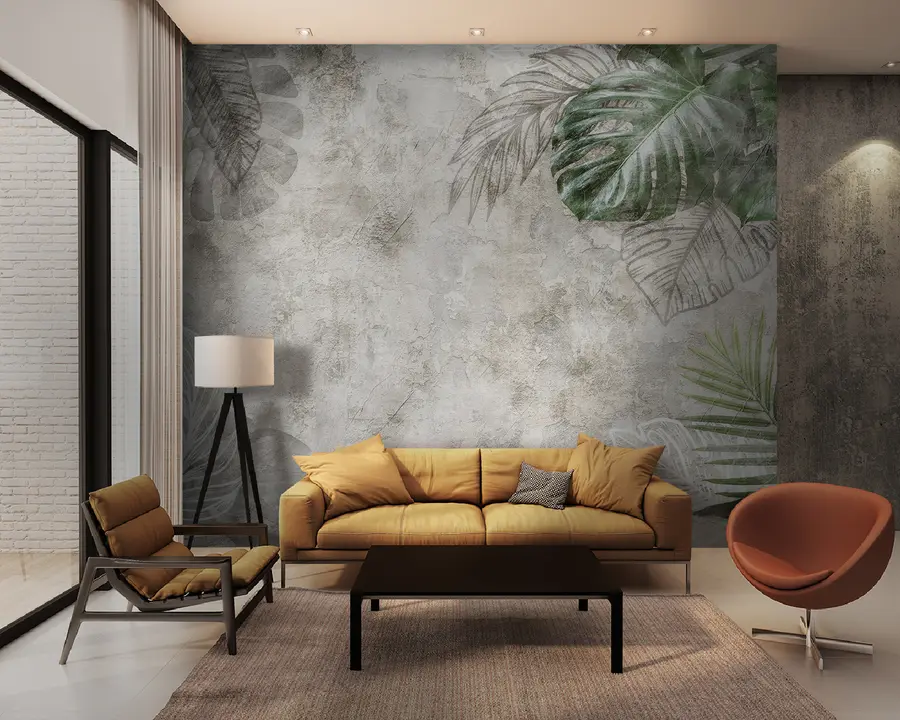 Fototapeedid Troopilised lehed vananenud seinal u93964