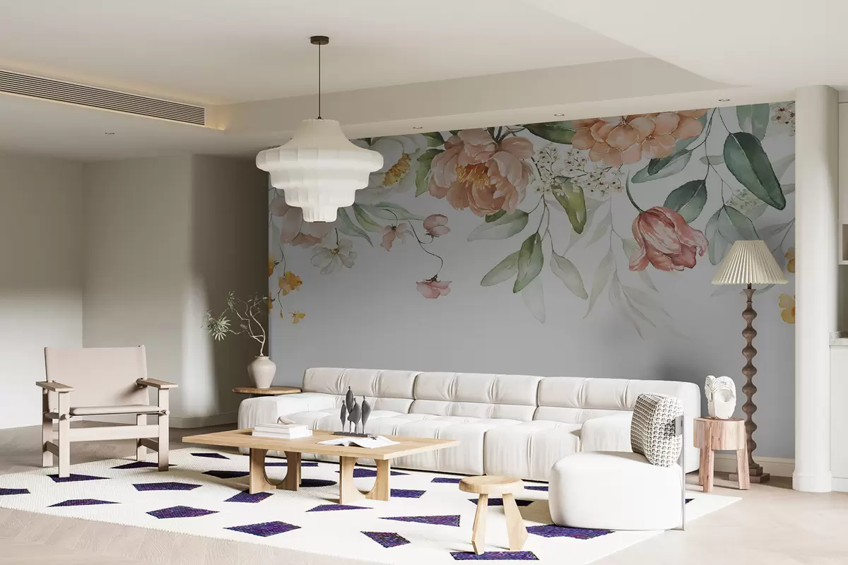 Fototapeedid Kimbu ääris – rohelised lehed ja õhetavad roosad õied valgel taustal u94427