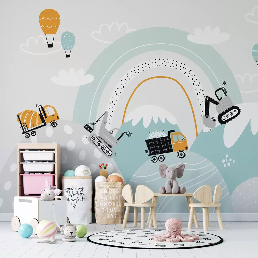 Fototapeedid Skandinaavia stiilis ehitussõidukid, mägimaastik, õhupallid ja pilved u95046