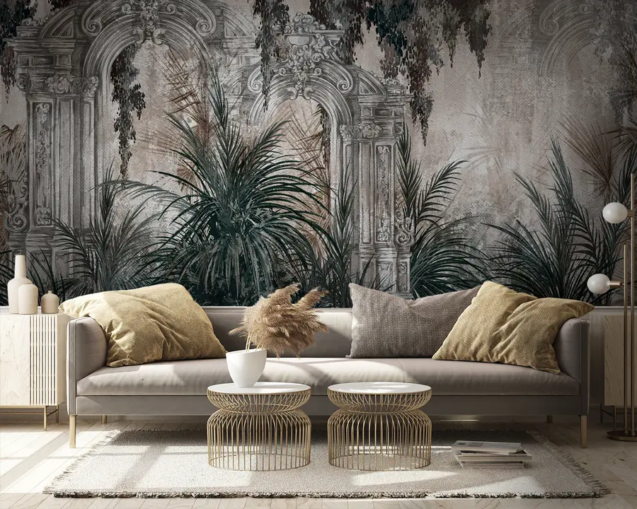 Fototapeedid Troopiliste lehtedega iidne arhitektuur u95500