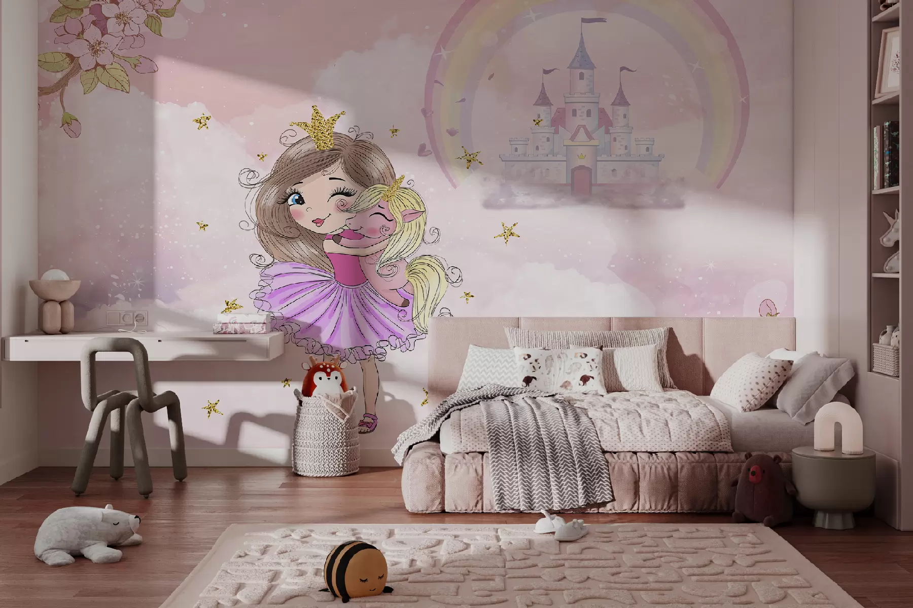 Fototapeedid Vikerkaarega lossi taustal printsess ja ükssarvik u95401