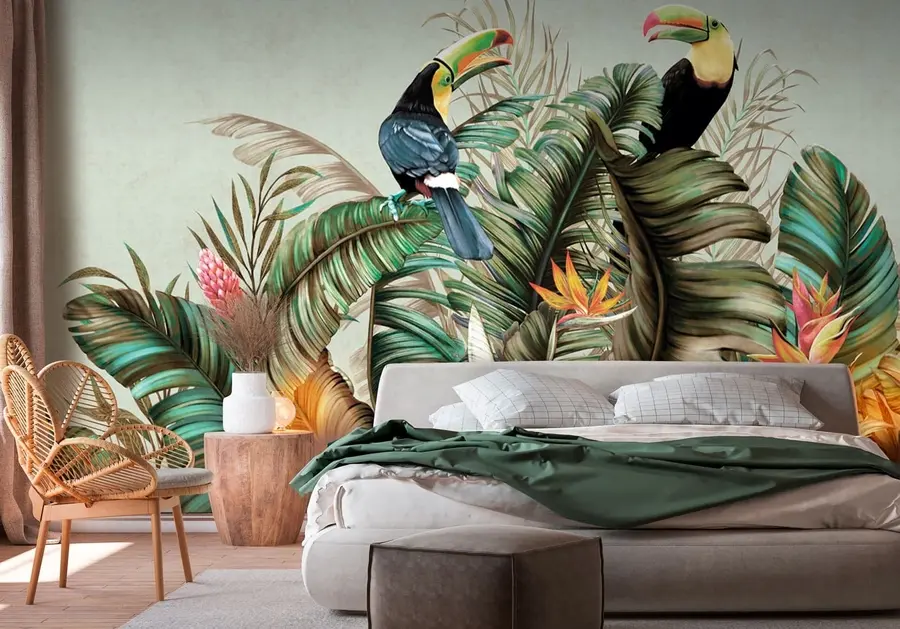 Fototapeedid Eksootilised linnud papagoi ja tukan banaani- ja palmilehtede seas u95256