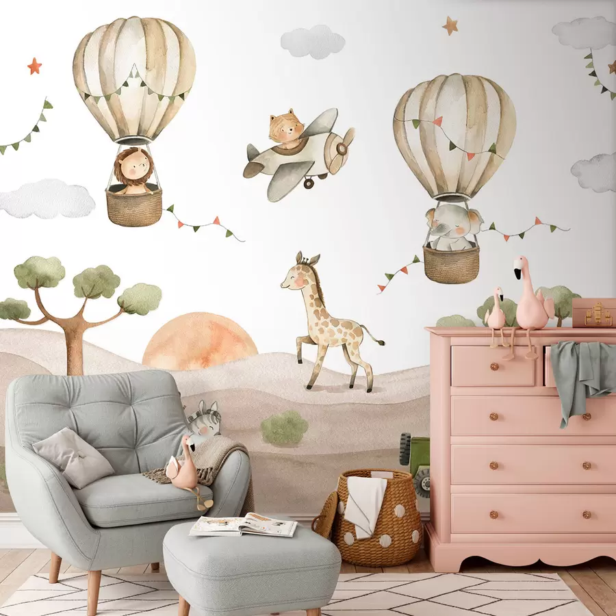 Fototapeedid Akvarelljoonistus loomade, õhupallide, lennuki ja autoga u95882