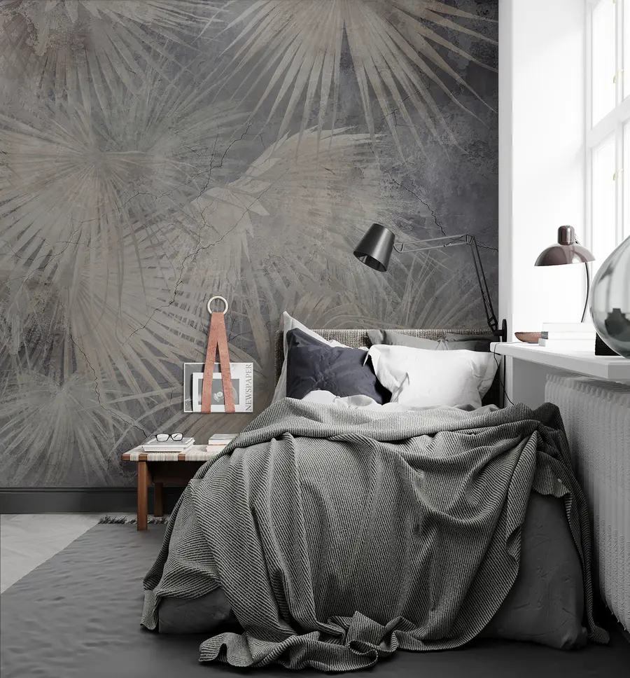 Fototapeedid Eksootilised troopilised lehed grunge betoonseinal u96540