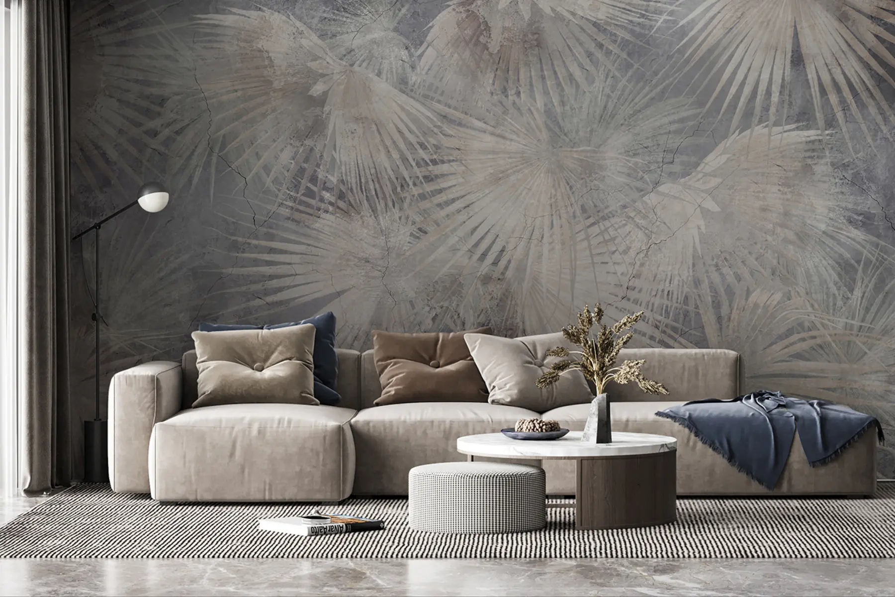 Fototapeedid Eksootilised troopilised lehed grunge betoonseinal u96540