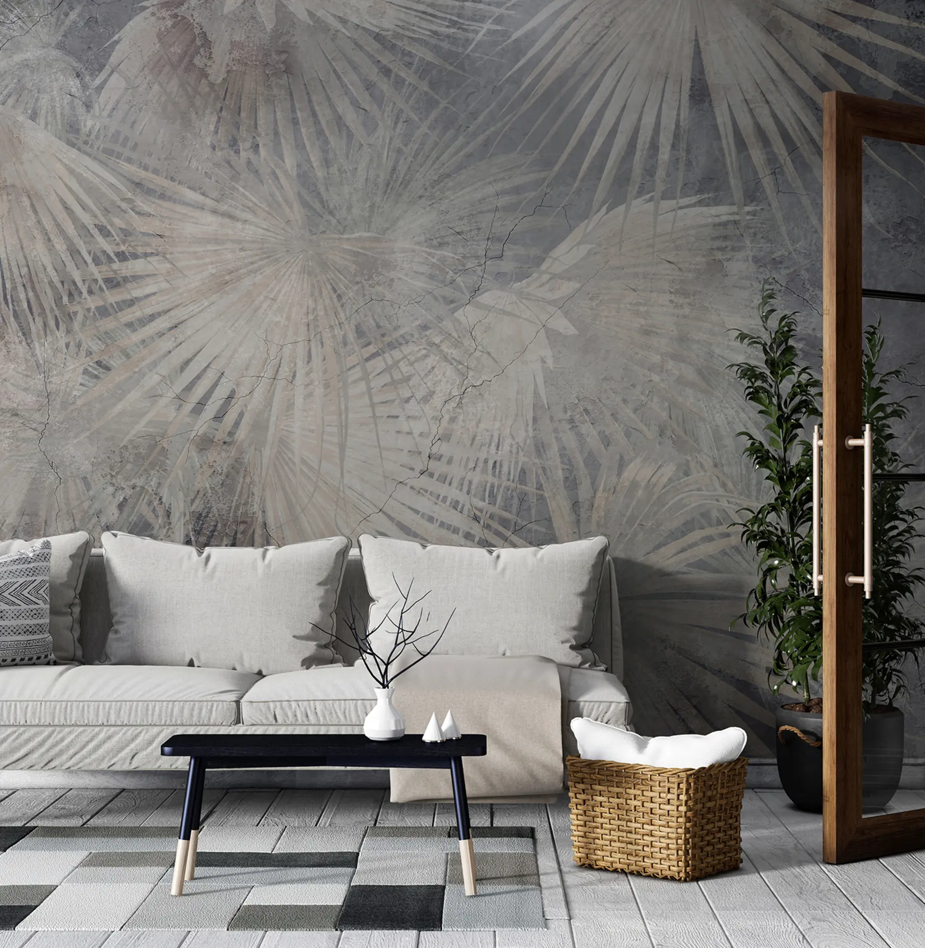 Fototapeedid Eksootilised troopilised lehed grunge betoonseinal u96540