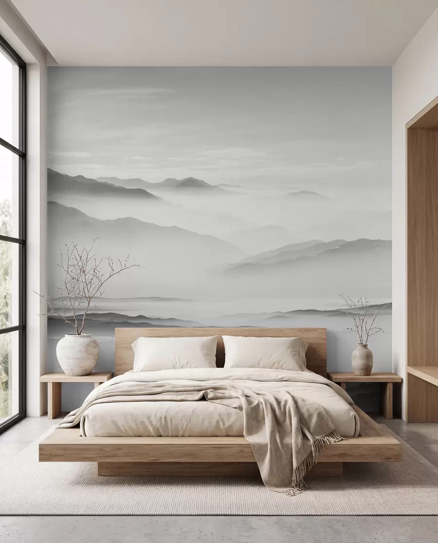 Fototapeedid Vaade hallidele mägedele udus minimalism monokroomne u96922