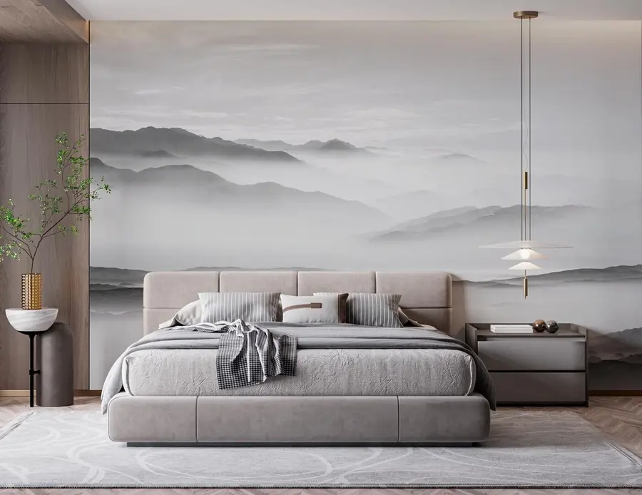 Fototapeedid Vaade hallidele mägedele udus minimalism monokroomne u96922