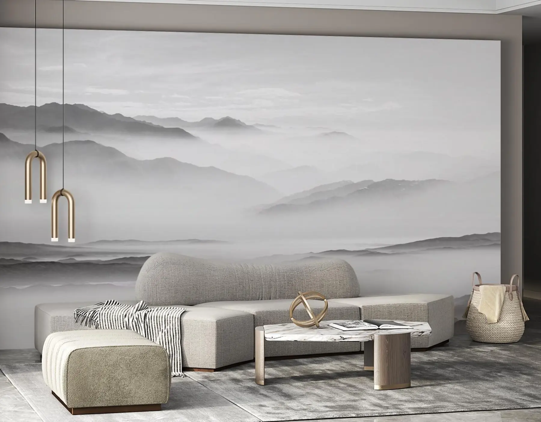 Fototapeedid Vaade hallidele mägedele udus minimalism monokroomne u96922
