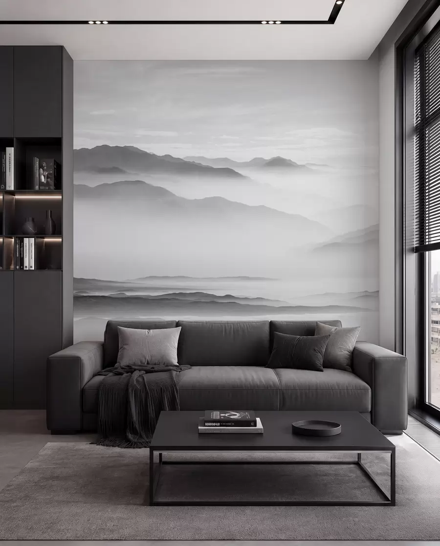 Fototapeedid Vaade hallidele mägedele udus minimalism monokroomne u96922