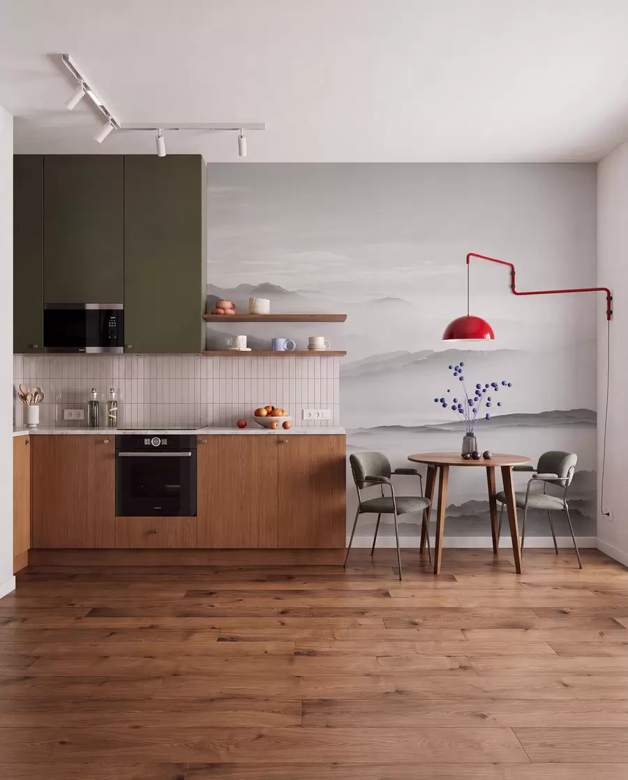 Fototapeedid Vaade hallidele mägedele udus minimalism monokroomne u96922