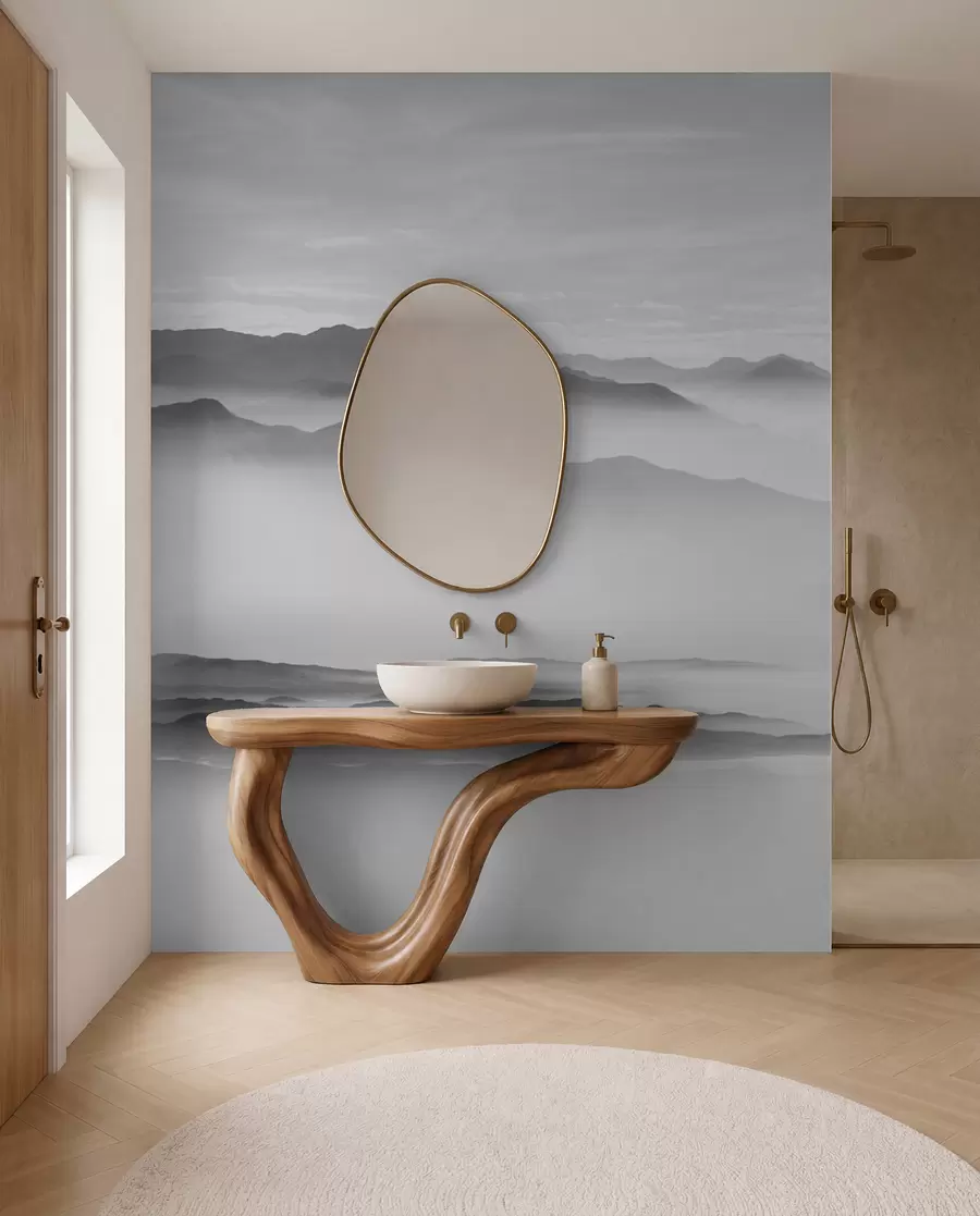 Fototapeedid Vaade hallidele mägedele udus minimalism monokroomne u96922