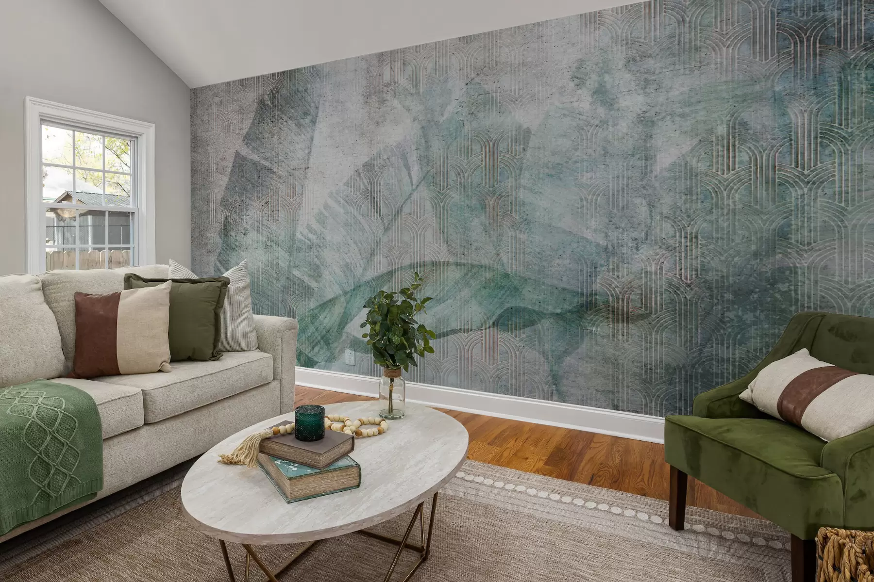 Fototapeedid Suured rohelised banaanilehed ja marmorjas tekstuur u96927