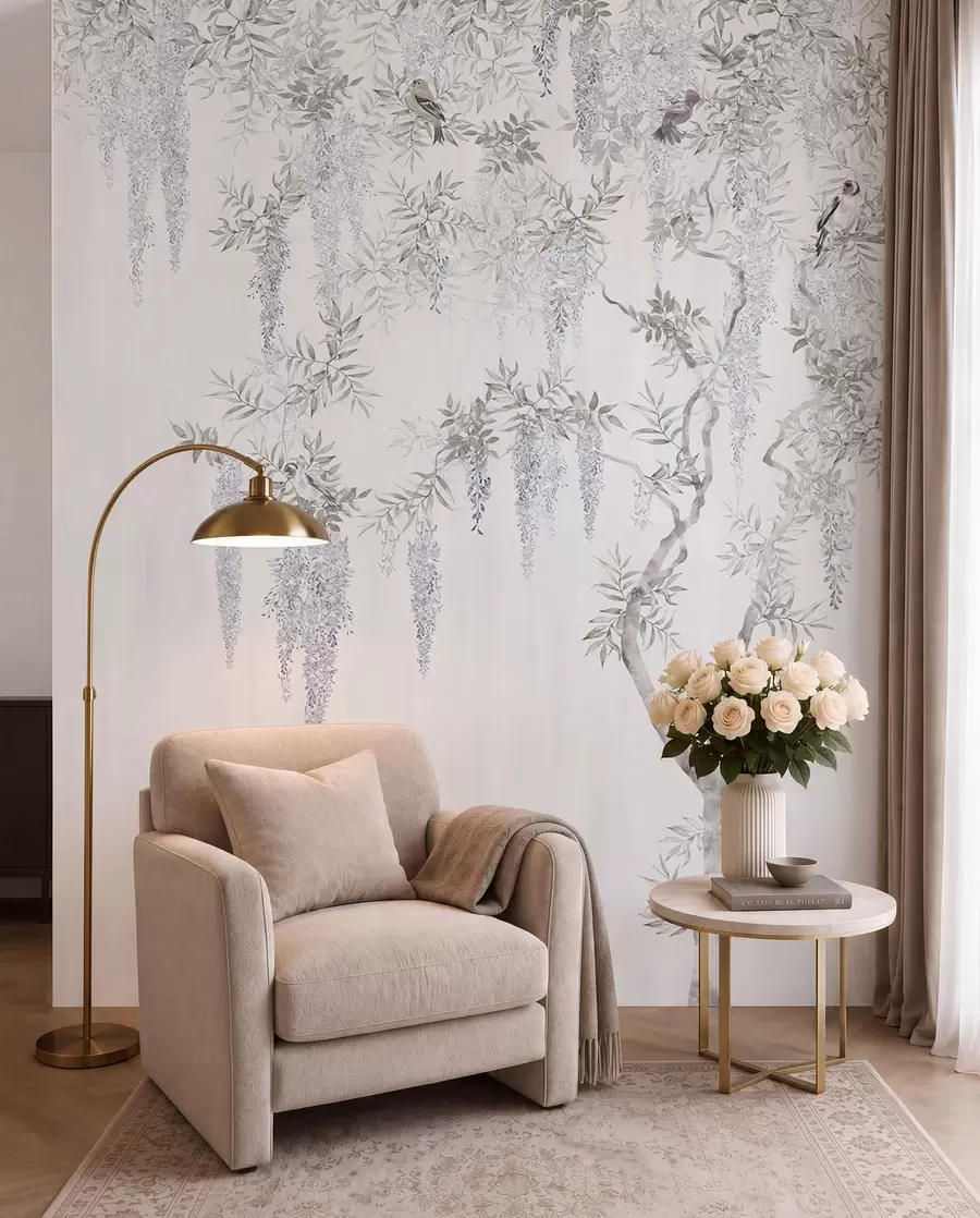 Fototapeedid Lilled wisteria, wisteria, minimalismi, ühevärvilise, loft ja Jaapani stiilis u96928
