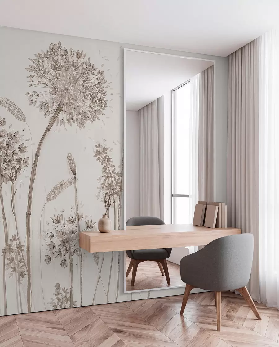 Fototapeedid Suured heinamaa lilled võililled monokroomne stiilis loft minimalism u96934