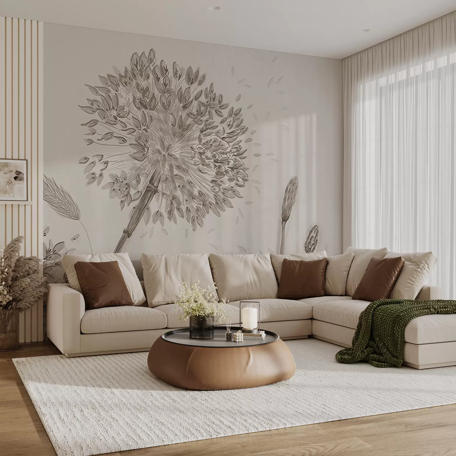 Fototapeedid Suured heinamaa lilled võililled monokroomne stiilis loft minimalism u96934