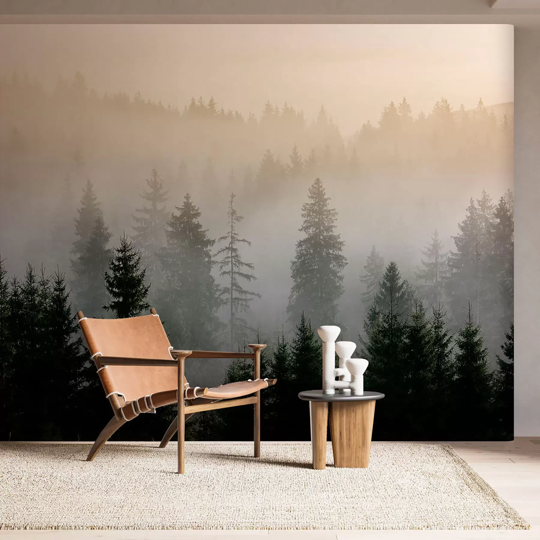 Fototapeedid Tumeda kuuse siluett, mida ümbritseb udu u96999