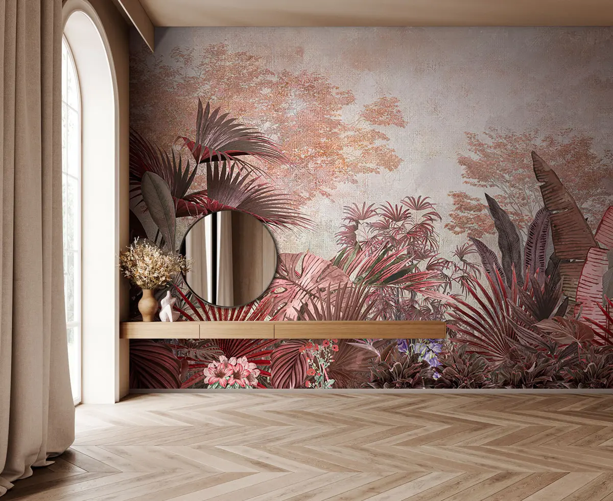 Fototapeedid Illustratsioon vintage troopilisest tapeedist eksootilise palmilehestikuga u97104