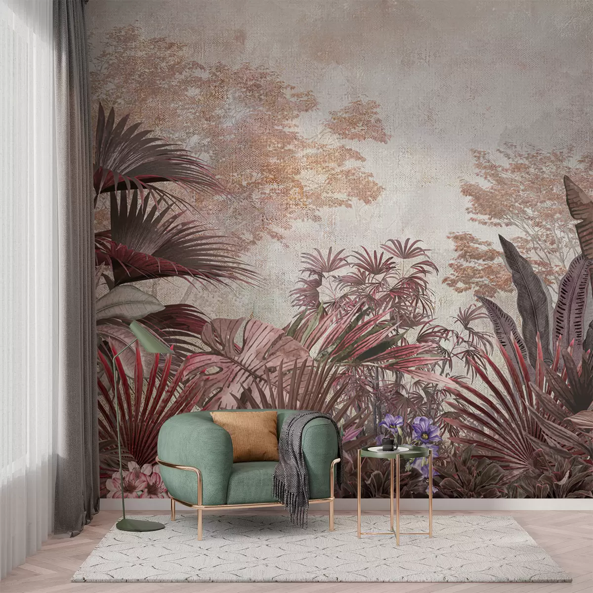 Fototapeedid Illustratsioon vintage troopilisest tapeedist eksootilise palmilehestikuga u97104
