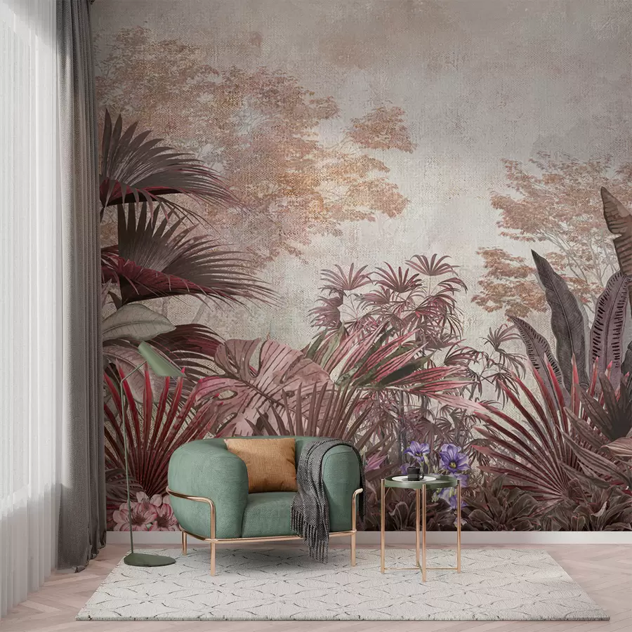 Fototapeedid Illustratsioon vintage troopilisest tapeedist eksootilise palmilehestikuga u97104