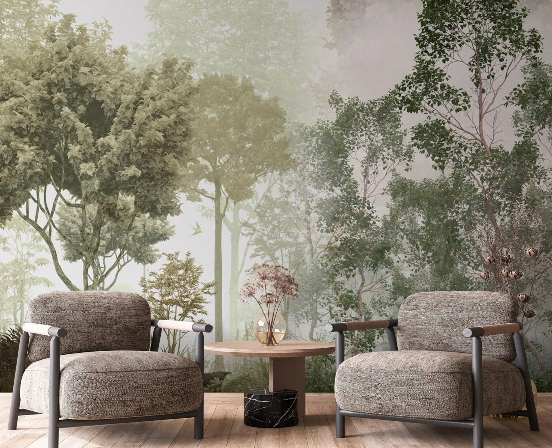 Fototapeedid Troopilised puud ja lehed udus metsas u97402