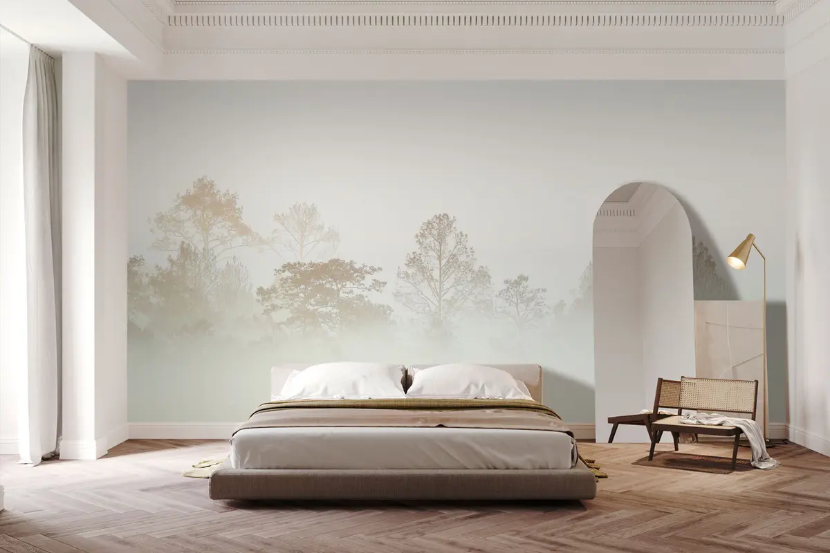 Fototapeedid Puusalu siluett paksus valges hommikuudus u97405