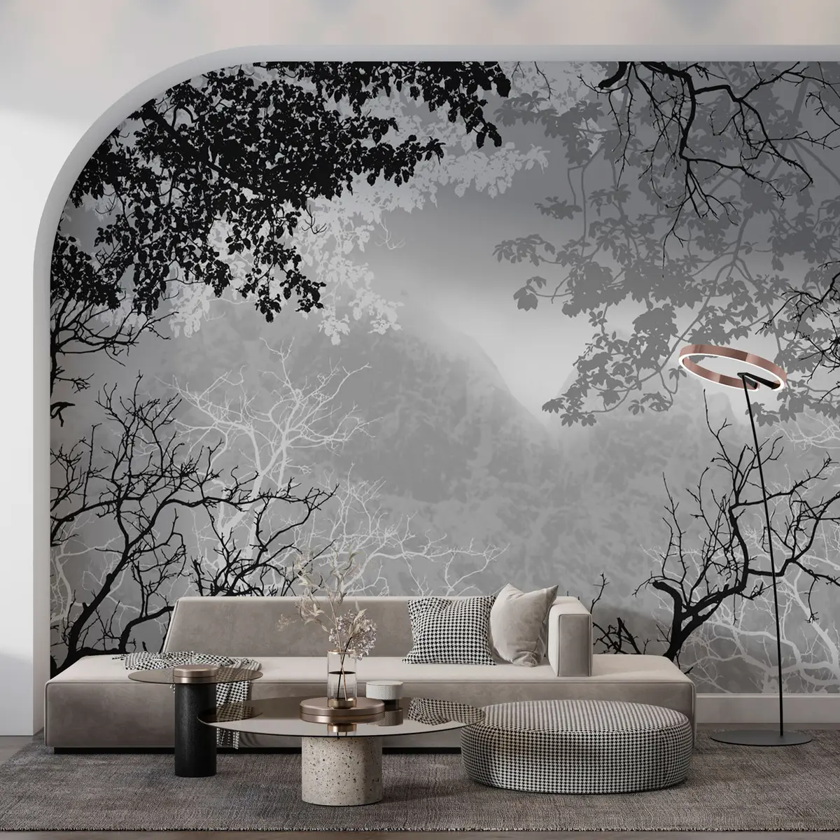 Fototapeedid Metsaillustratsioon uduga mägede taustal u98050