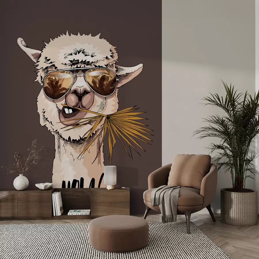 Pilt Päikeseprillidega laama portree koos lehviku palmilehega u98177